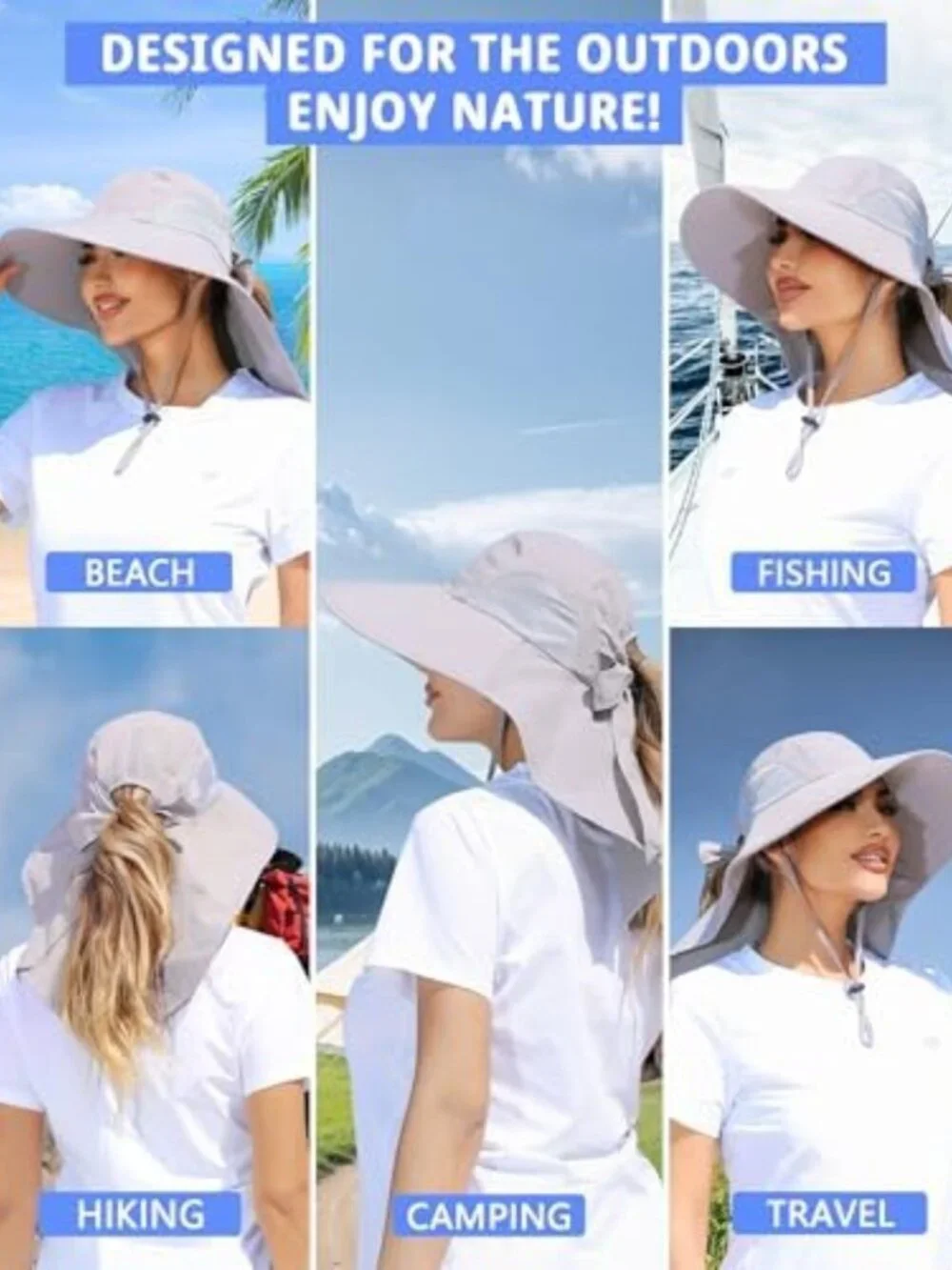 Wide Brim UV Protection Sun Hat for Women - Ponytail Hole & Neck Flap for Beach